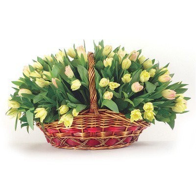 101 желтый тюльпан в корзине - Фото 1