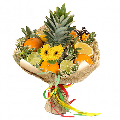 Букет из гербер, цитрусовых и ананаса - Фото 1