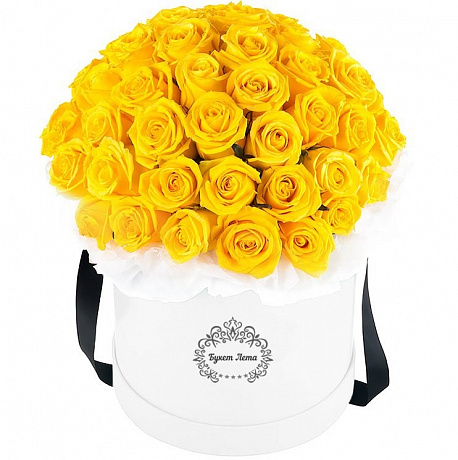 51 желтая роза в большой шляпной коробке - Фото 1