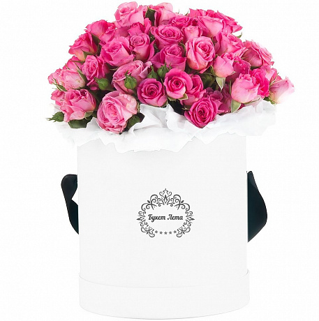 Розовые кустовые розы в средней шляпной коробке - Фото 1