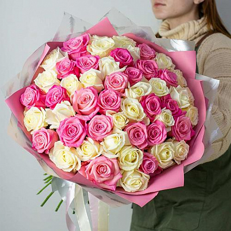 51 белая и розовая роза 60см - Фото 1