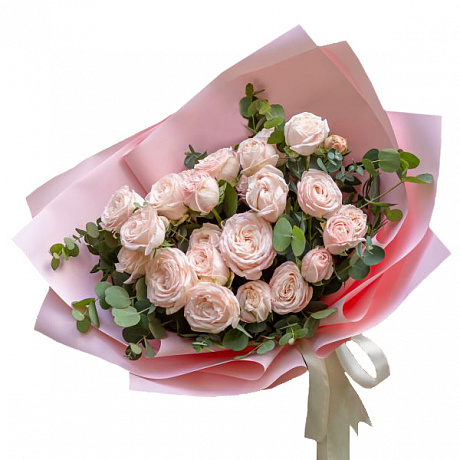 Букет из  9 пионовидных роз и зелени - Фото 1
