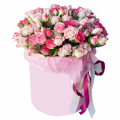 Розовые кустовые розы в шляпной коробке - Фото 1