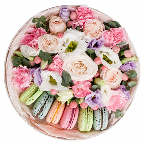 Круглая коробка с цветами и макарони малая 11 - Фото 1