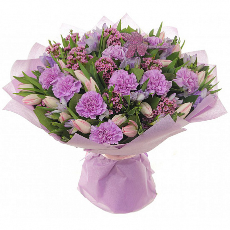 Букет из фиолетовых гвоздик и тюльпанов - Фото 1
