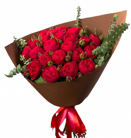 Букет из 23 пионовидной розы и декоративной зелени - Фото 1