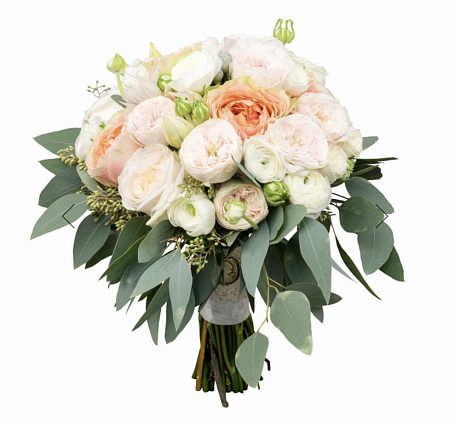Букет невесты из пионовидных роз и ранункулюсов с зеленью - Фото 1
