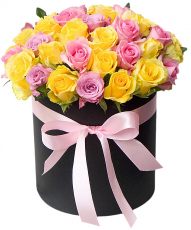 Бархатная большая коробка с 51 разноцветной розой - Фото 1