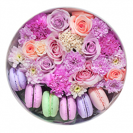Круглая коробка с цветами и 6 макарони малая 13 - Фото 1