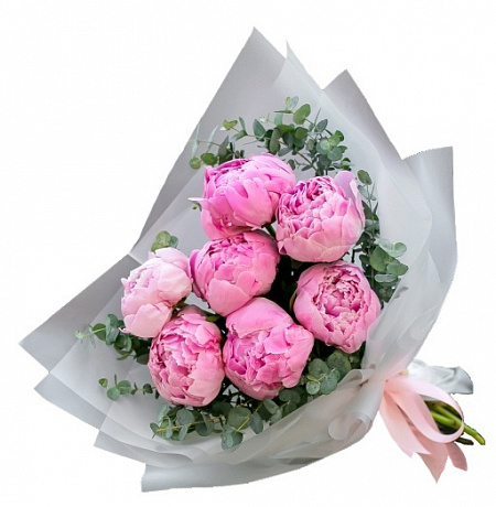 Букет из 7 розовых пионов и эвкалипта - Фото 1