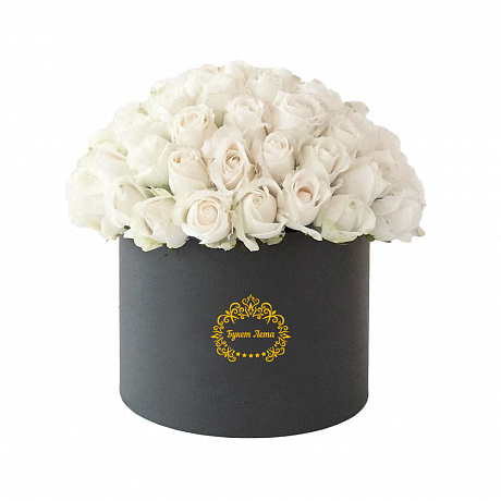 51 белая роза в бархатной шляпной коробке - Фото 1
