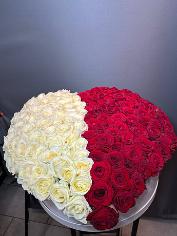 Букет 151 белая и красная роза Сердцем - Фото 1