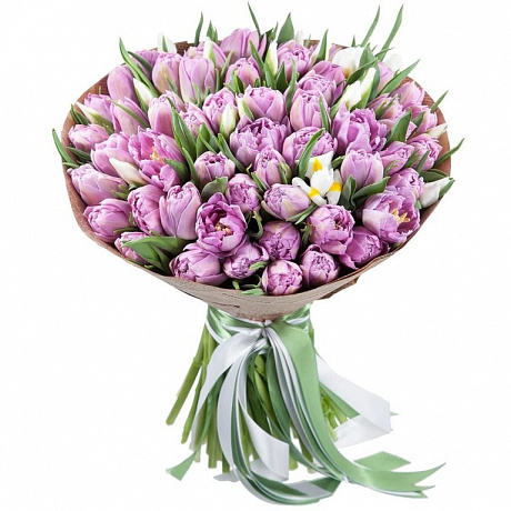 Букет из 51 пионовидного тюльпана и ирисов - Фото 1