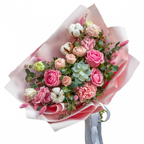 Букет из пионовидных кустовых роз, эустомы, хлопка и зелени - Фото 1
