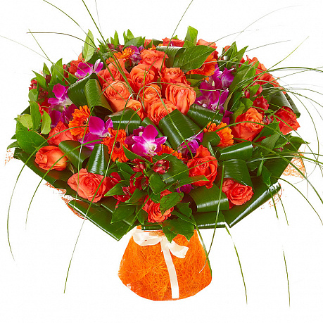 Оранжевый букет из роз, гербер и орхидей - Фото 1