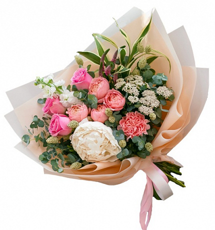 Букет из пиона, пионовидных роз, маттиолы и зелени - Фото 1