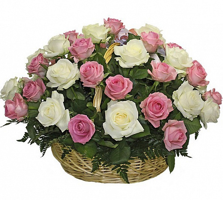 35 белых и розовых роз в корзине - Фото 1