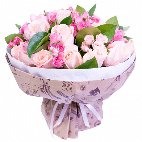 Розовый букет из роз и кустовых роз - Фото 1