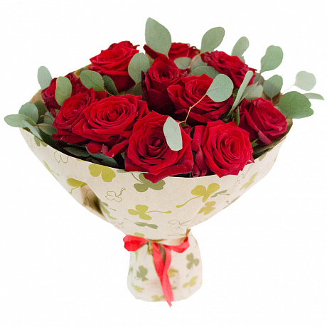 15 красных роз и эвкалипт - Фото 1