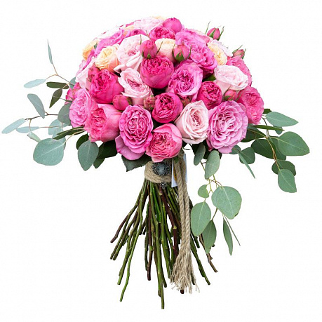 Букет из 45 пионовидных розы с эвкалиптом - Фото 1