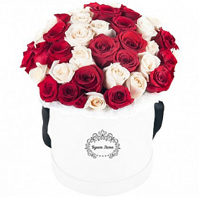 51 красная и белая роза в большой шляпной коробке