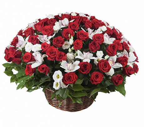 Огромная корзина красных роз и орхидей - Фото 1