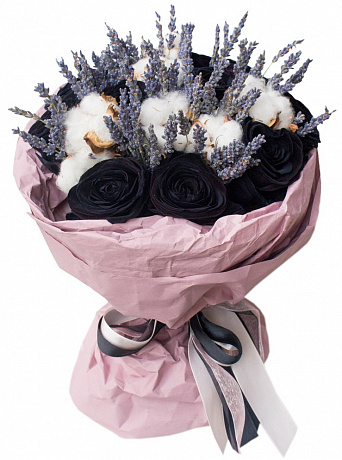 Букет из 11 черных роз, хлопка и лаванды - Фото 1
