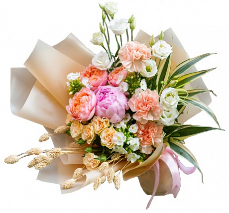 Букет из пионовидных роз, пиона, флокса и эустомы - Фото 1