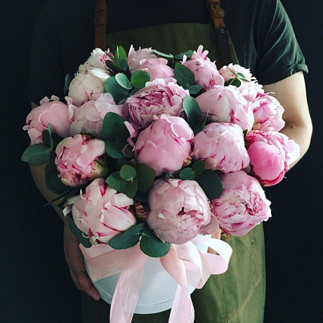 Розовые пионы 25 штук в средней шляпной коробке - Фото 1