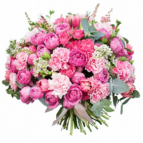 Букет из пионовидных кустовых роз, гвоздики и тюльпанов