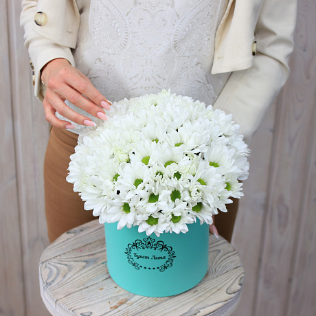 Белые хризантемы шляпной коробке - Фото 1