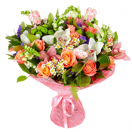 Букет из роз, ромашек, орхидей и зелени - Фото 1