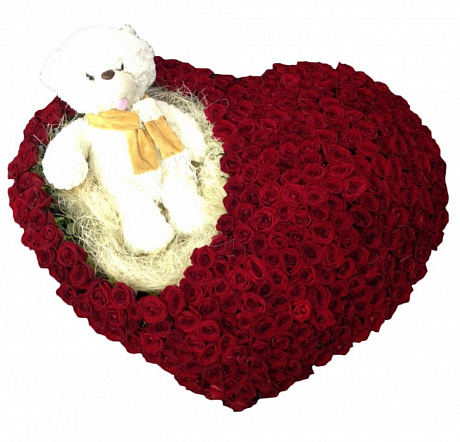Большая корзина красных роз с медведем - Фото 1